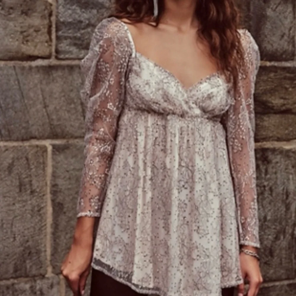 Free People Heavenly Lace Tunic in Champagne Toast Size Medium Cream Sheer